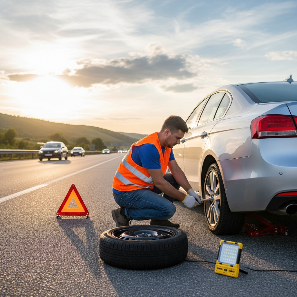 show a picture of a car spare tire being changed on the road